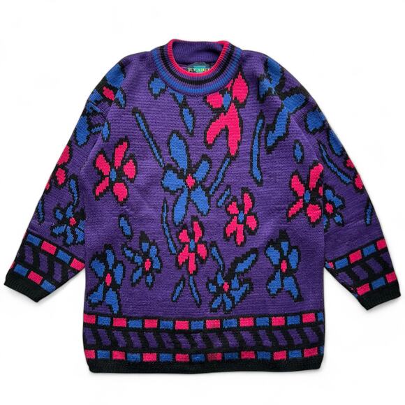 Vintage Other - Vintage Abstract Flower Art Pattern Knit Sweater M Contemporary Purple Pink Blue